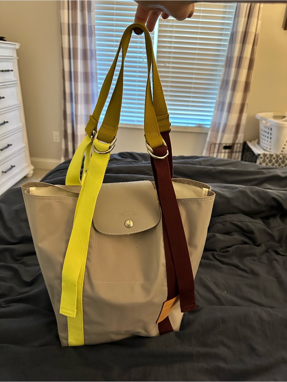 Grey Tote with Neon Green and Burgundy Straps - Picture 2 of 2